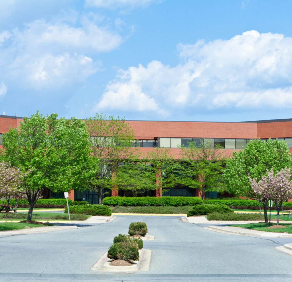 professional commercial landscaping in front of office building